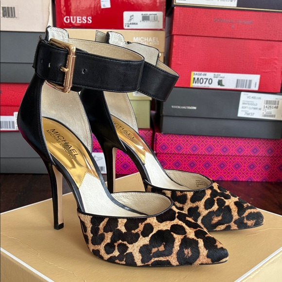 Michael Kors Shoes - Michael Kors Leopard Print Pointed Toe Ankle-Strap Heels - Black/Leopard